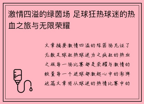 激情四溢的绿茵场 足球狂热球迷的热血之旅与无限荣耀