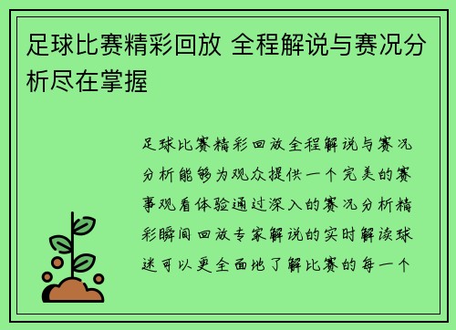 足球比赛精彩回放 全程解说与赛况分析尽在掌握
