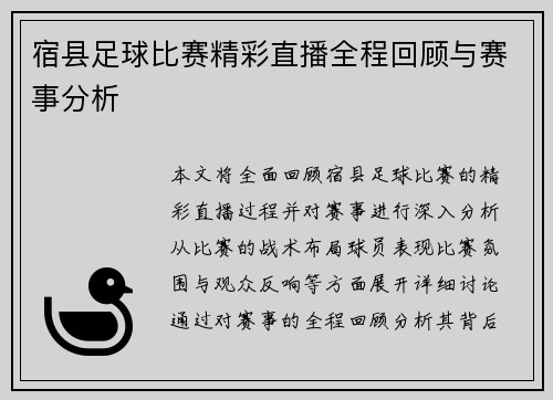 宿县足球比赛精彩直播全程回顾与赛事分析