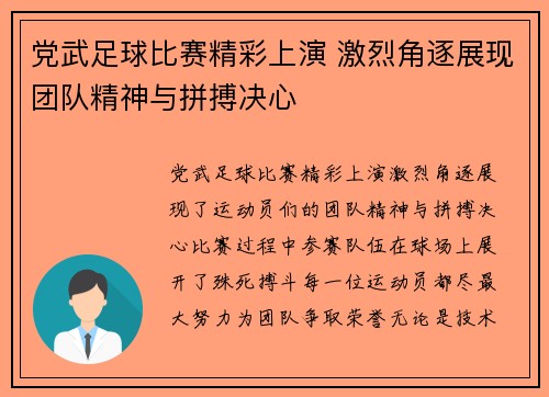 党武足球比赛精彩上演 激烈角逐展现团队精神与拼搏决心