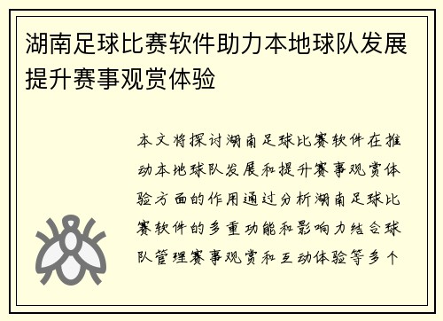 湖南足球比赛软件助力本地球队发展提升赛事观赏体验