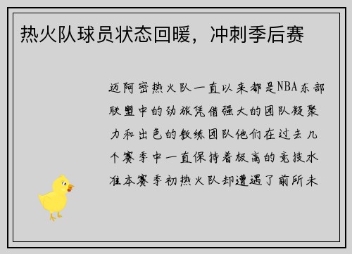 热火队球员状态回暖，冲刺季后赛
