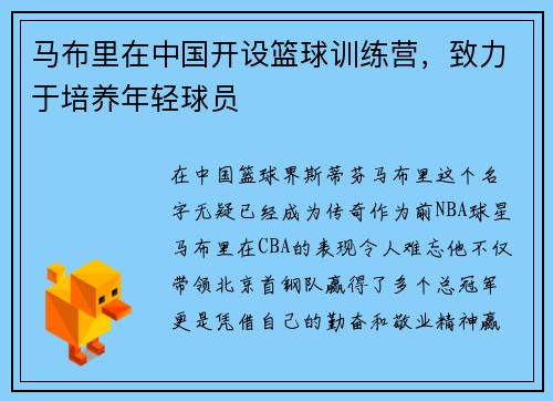 马布里在中国开设篮球训练营，致力于培养年轻球员