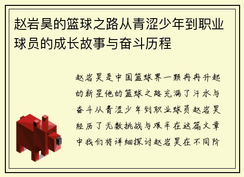 赵岩昊的篮球之路从青涩少年到职业球员的成长故事与奋斗历程