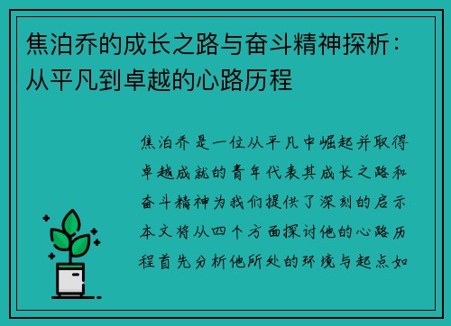 焦泊乔的成长之路与奋斗精神探析：从平凡到卓越的心路历程