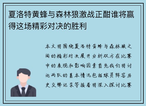 夏洛特黄蜂与森林狼激战正酣谁将赢得这场精彩对决的胜利