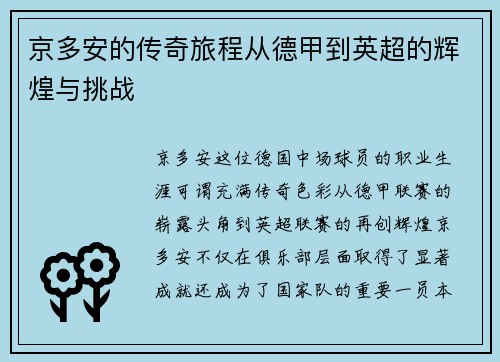 京多安的传奇旅程从德甲到英超的辉煌与挑战