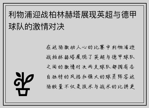利物浦迎战柏林赫塔展现英超与德甲球队的激情对决
