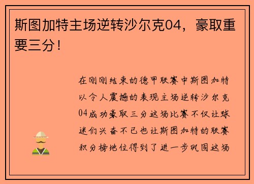 斯图加特主场逆转沙尔克04，豪取重要三分！