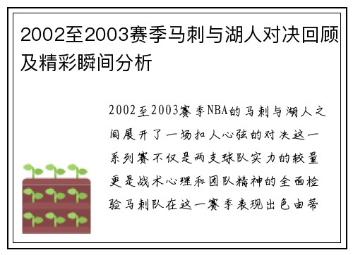 2002至2003赛季马刺与湖人对决回顾及精彩瞬间分析