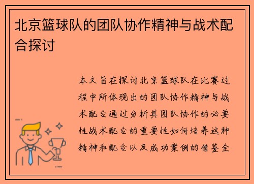 北京篮球队的团队协作精神与战术配合探讨