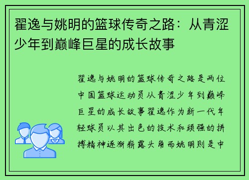 翟逸与姚明的篮球传奇之路：从青涩少年到巅峰巨星的成长故事