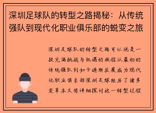 深圳足球队的转型之路揭秘：从传统强队到现代化职业俱乐部的蜕变之旅